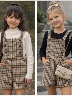 Shein Plaid Overall Romper Sz 7Y Brown Houndstooth Pinafore Button Academia